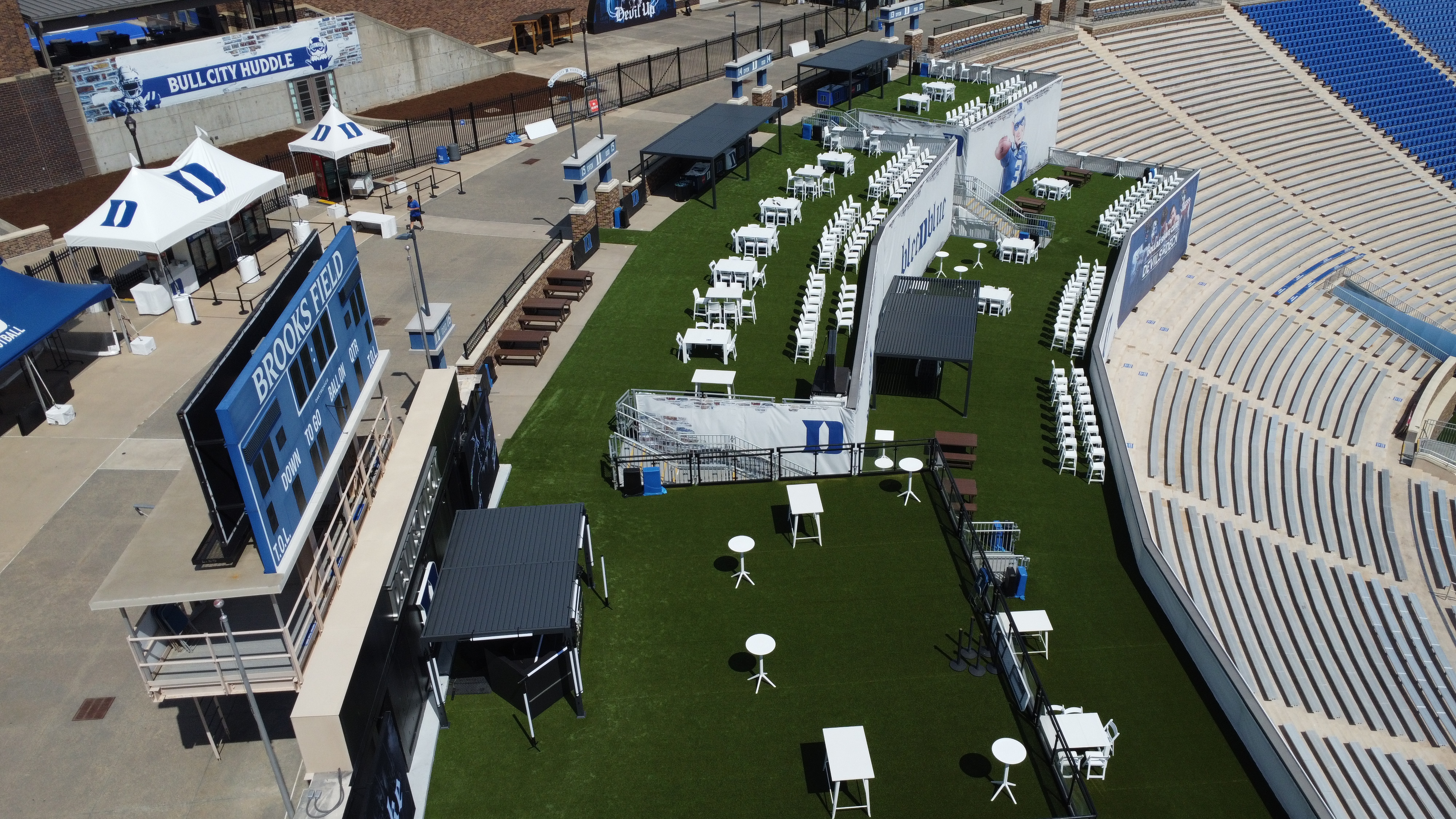 Two-tier Devil's Deck with turf and shade structures in the end zone at Wallace Wade Stadium, Duke