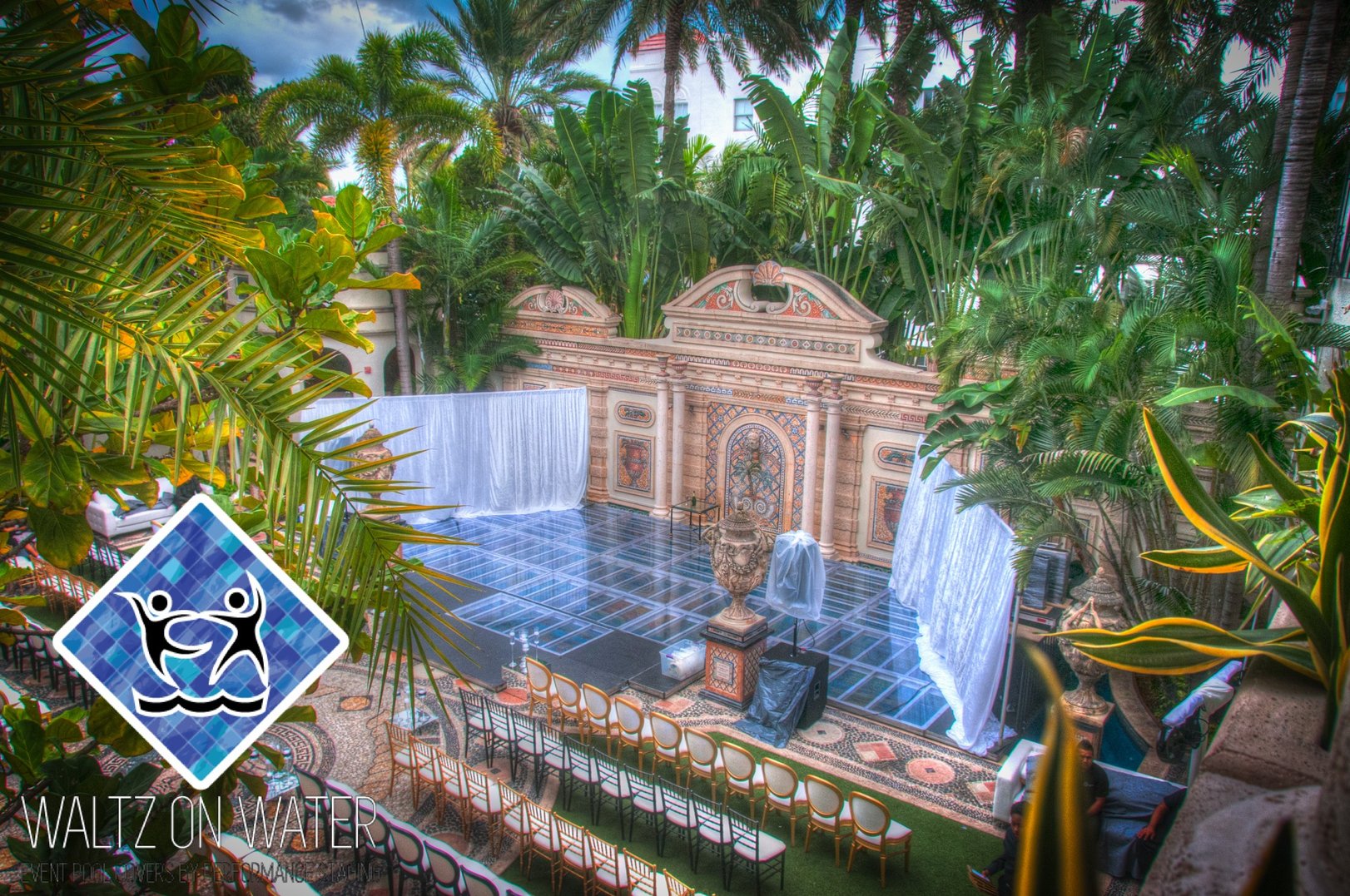 Waltz on Water by Performance Staging Pool cover at the former Versace Mansion, Villa Casa Casuarina