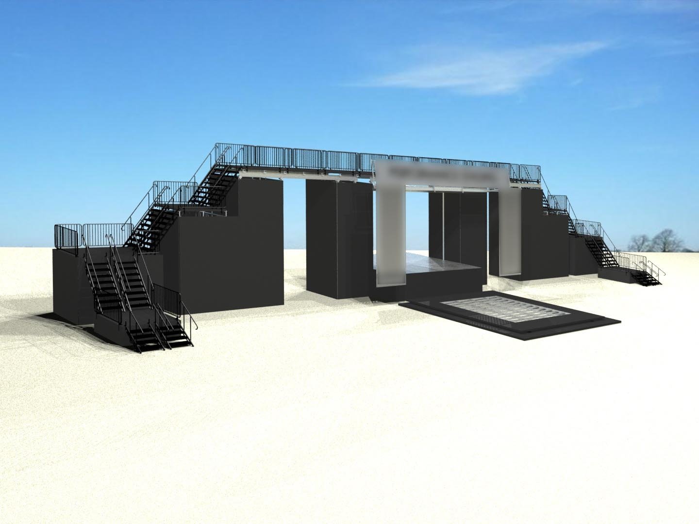 Mobile stage with platforms rising above and around