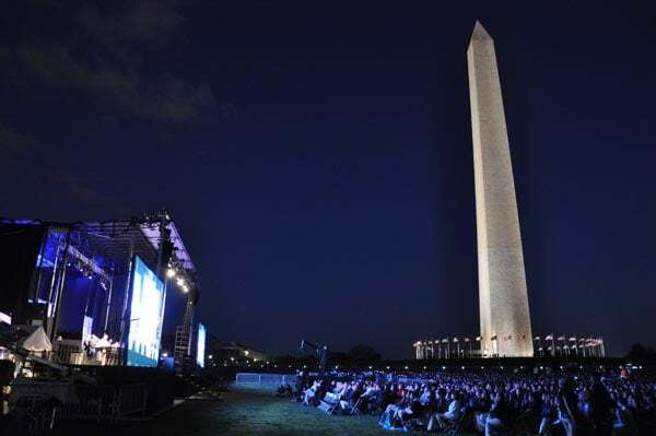 Concert stage at night on the National Mall with the Washington Monument
