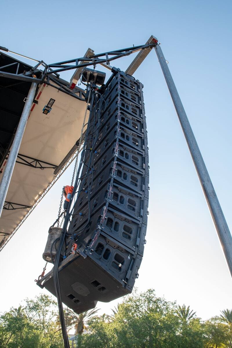 Line array being flown on a PM1 concert stage for a Gary Sinise and the Lt. Dan Band show