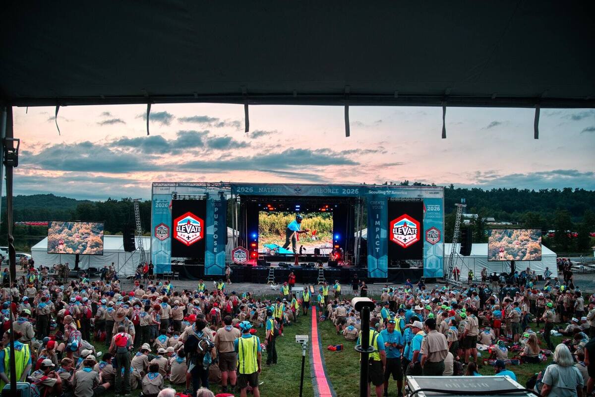 Scouts in front of the PM1 main stage and video wall at the 2026 National Jamboree
