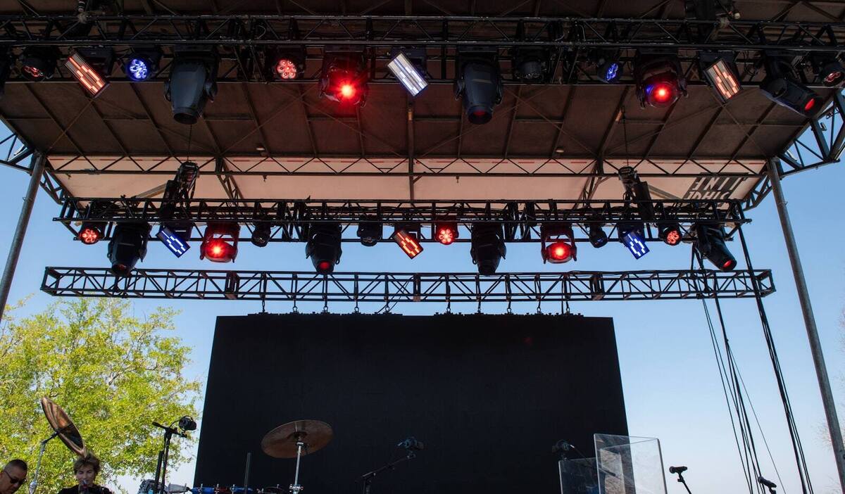 Outdoor stage lighting rig in red and blue, built by PM1