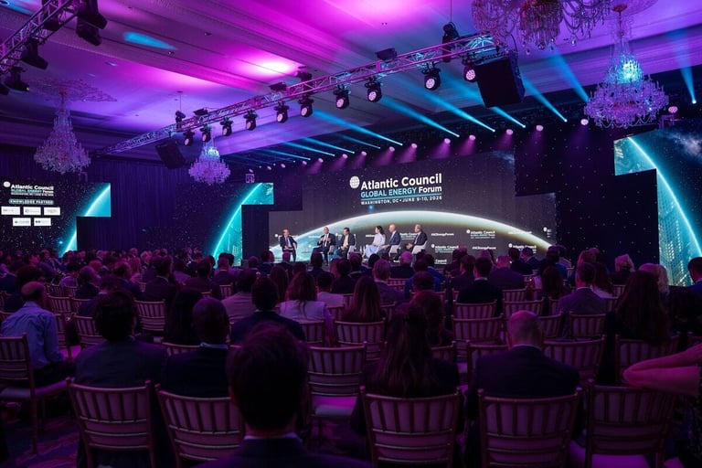 PM1 ballroom stage for the Atlantic Council Global Energy Forum under purple and blue light