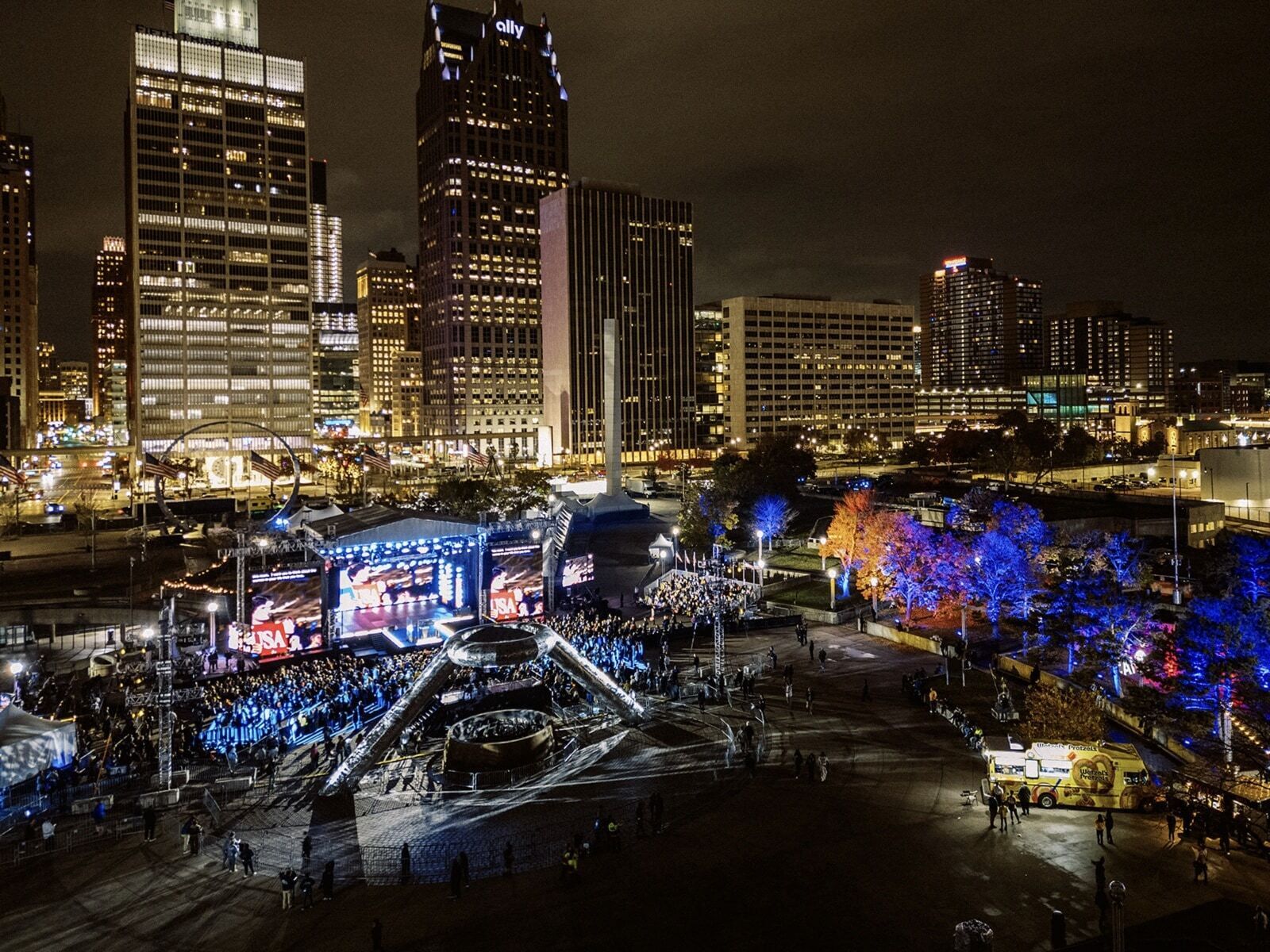 A large-scale outdoor event production in Hart Plaza, Detroit, Michigan
