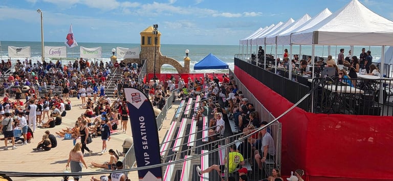PM1 bleachers and VIP seating on the beach at a collegiate cheer and dance championship