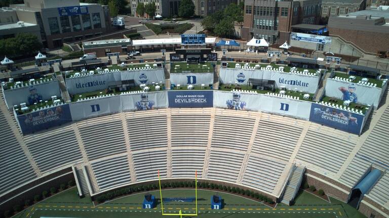 Aerial view of the Devil's Deck hospitality platform at Duke's Wallace Wade Stadium, produced by PM1