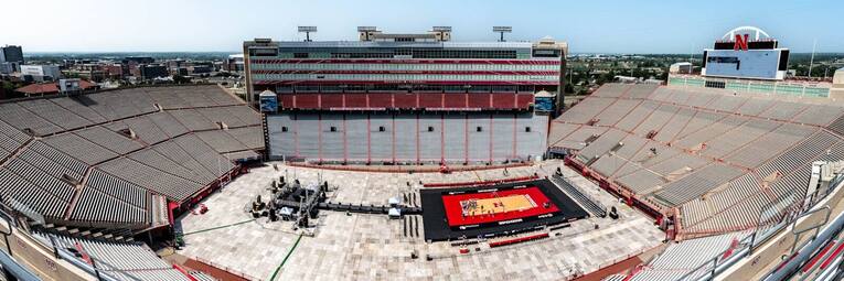 Panorama of Memorial Stadium with the PM1 court platform at center field