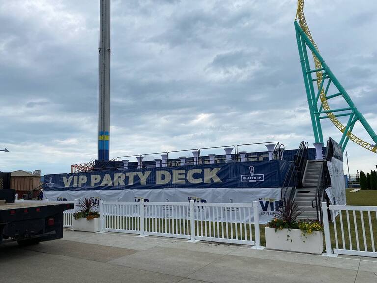 Elevated VIP party deck built by PM1 beside a roller coaster