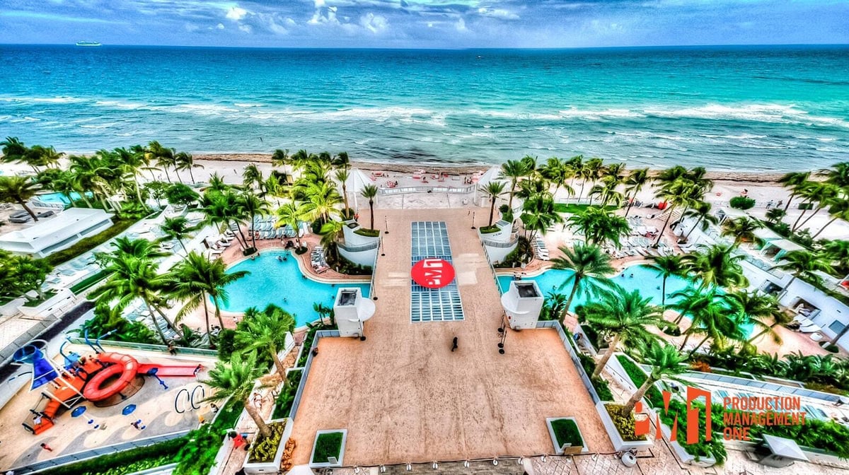 Aerial view of the PM1 pool cover over the resort pool at The Diplomat Beach Resort in Hollywood, Florida, with the beach and ocean behind