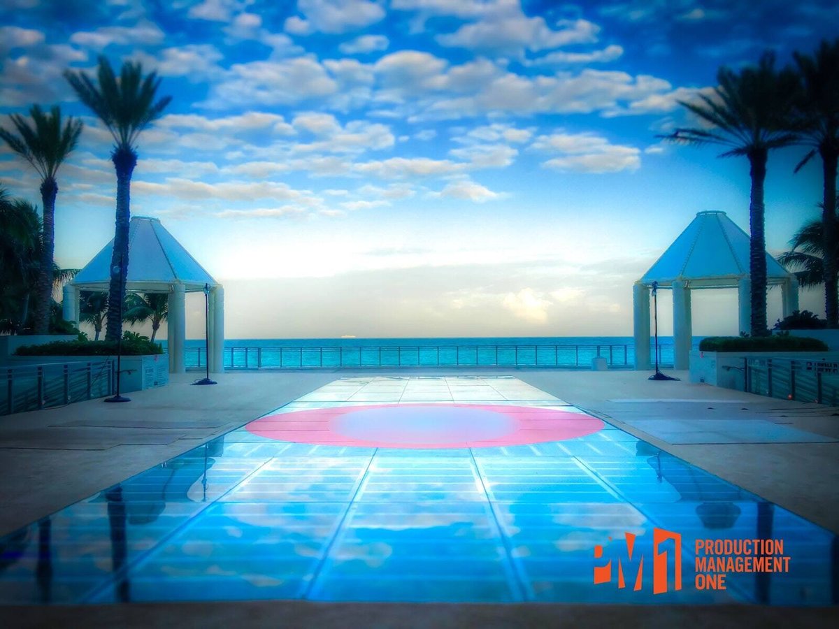 PM1 pool cover with a pink circular graphic over the oceanfront pool at The Diplomat Beach Resort in Hollywood, Florida