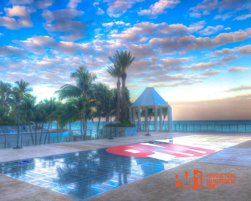 Reflective PM1 pool cover dance floor near the beach at The Diplomat Beach Resort in Hollywood, Florida