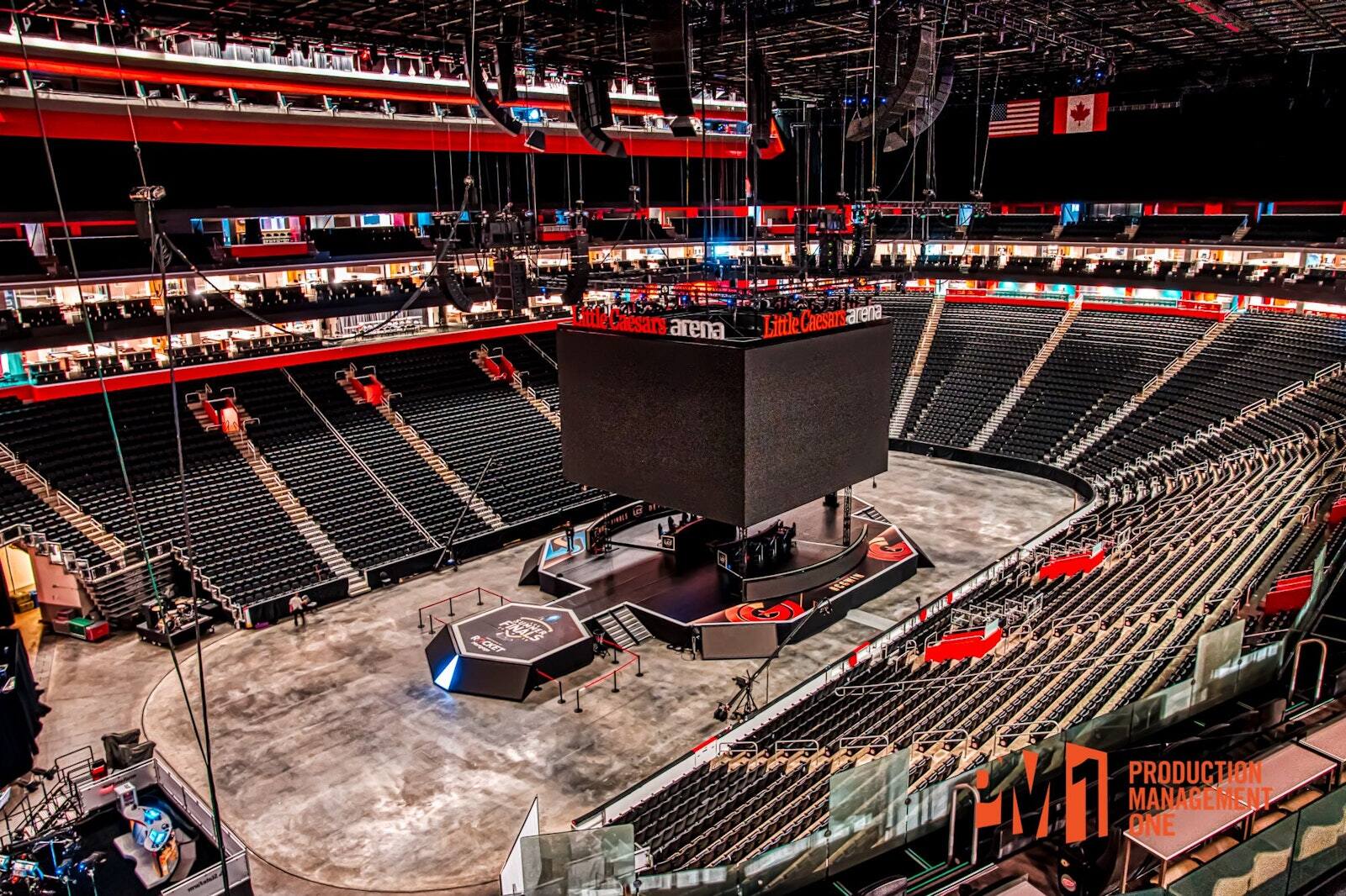 Overhead view of a PM1 stage rental build for Riot Games LCS at Little Caesars Arena in Detroit