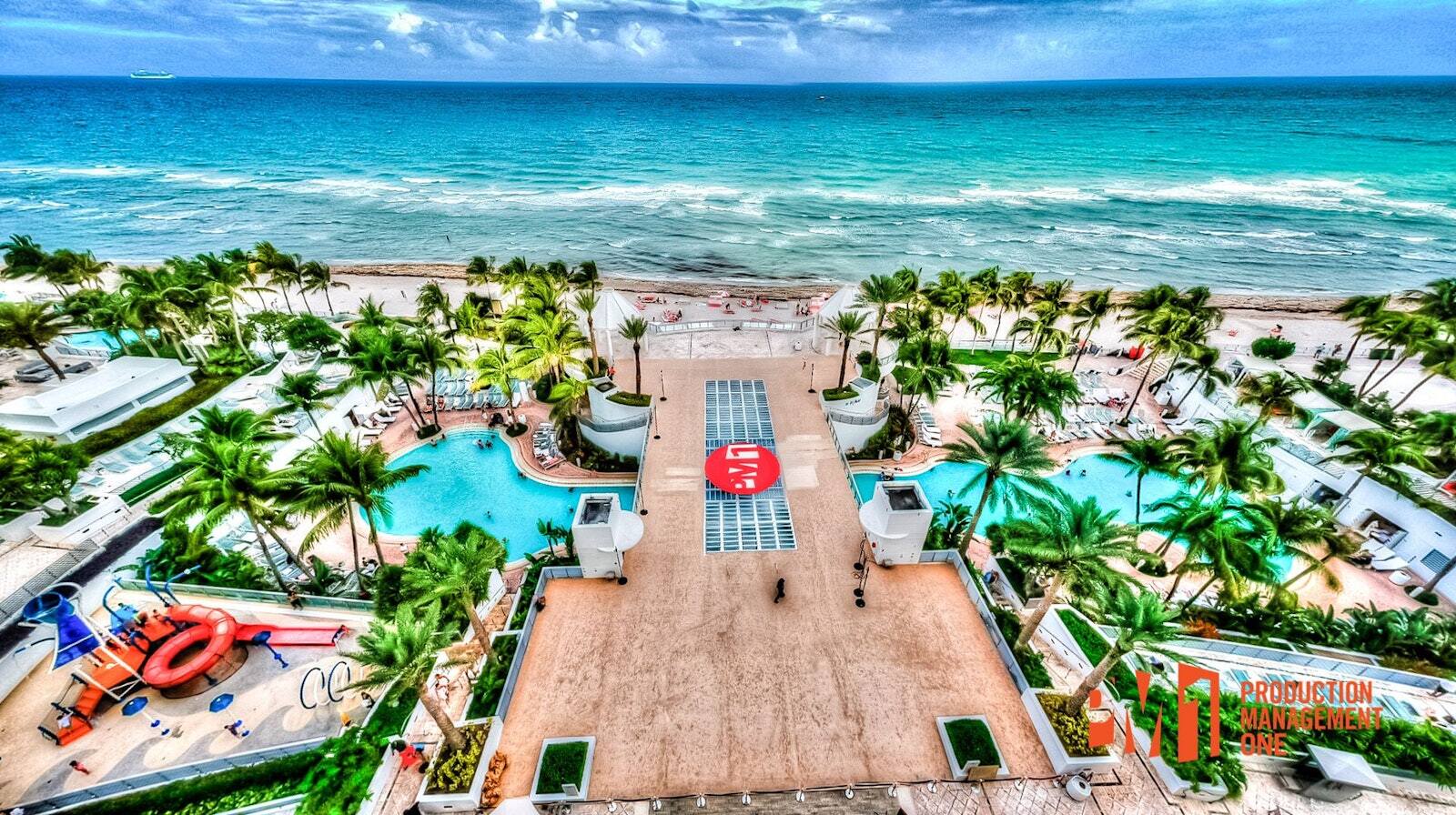 Aerial view of a PM1 pool cover at The Diplomat Beach Resort in Hollywood, Florida